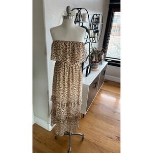 Leopard Print Strapless Maxi Dress Womens Small Brown Chiffon Tiered Ruffle Boho